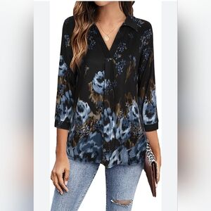 Timeson Floral Print V neck Blouse 3/4 Sleeve Tunic Tops Women Size XL